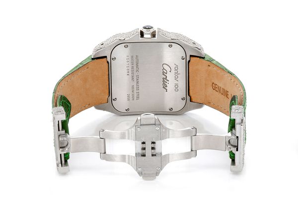 Cartier Santos De Cartier 40MM - Fully Iced Out - Green Leather Band