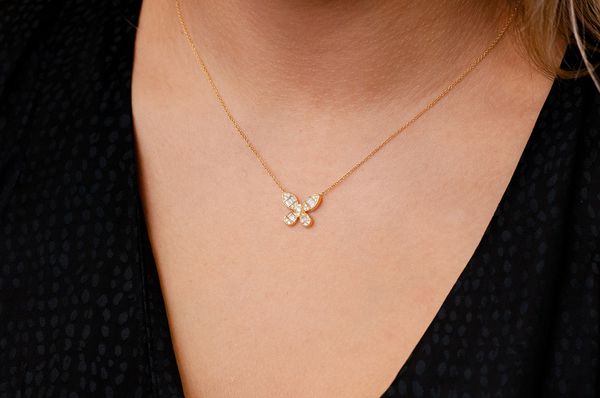  Butterfly Baguette Diamond Necklace Connected 14k Solid Gold 0.33ctw