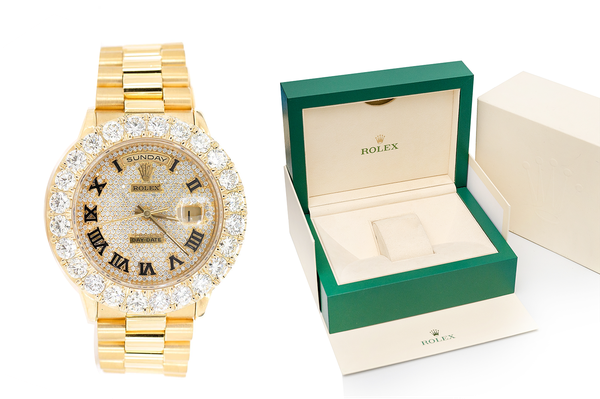 Rolex Day Date 18k Yellow Gold 36MM (18238) - 8.75ctw Diamond Bezel & Custom Pave Roman Dial