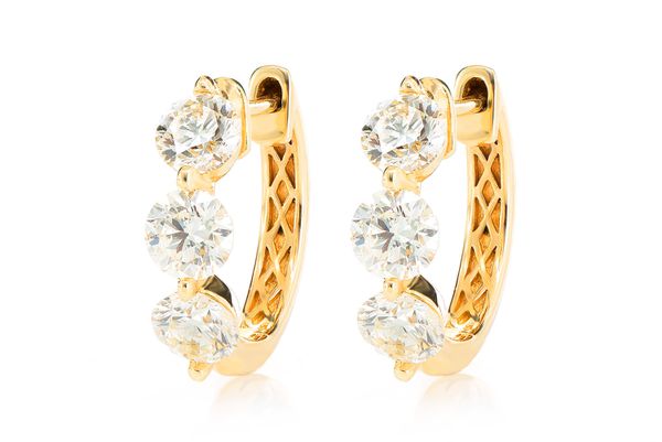 Three Stone Diamond Hoop Earrings 14k Solid Gold 1.75ctw