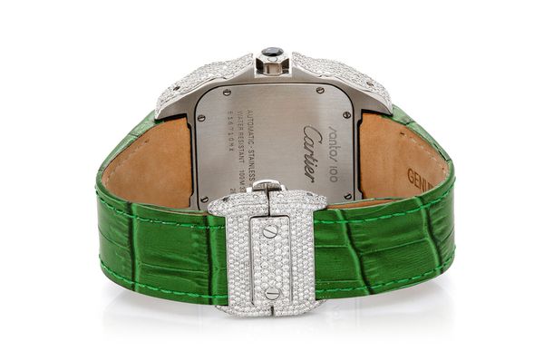 Cartier Santos De Cartier 40MM - Fully Iced Out - Green Leather Band