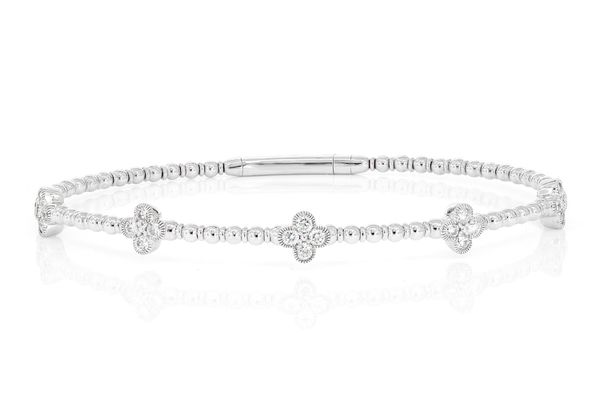 Beaded And Diamond Clover Milgrain Flex Bangle Bracelet 0.60ctw 14k Solid Gold 