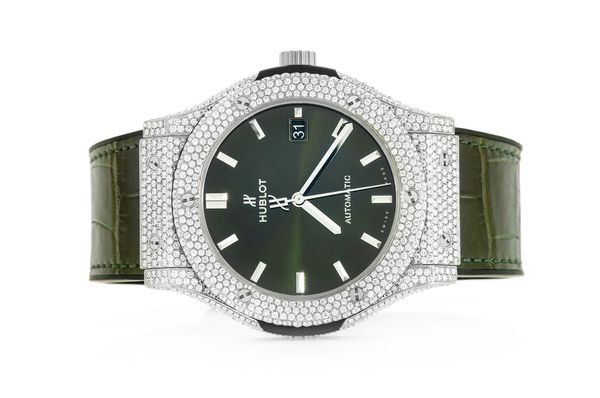 Hublot Classic Fusion Steel - 8.00ctw Fully Iced Out - Green Dial & Band