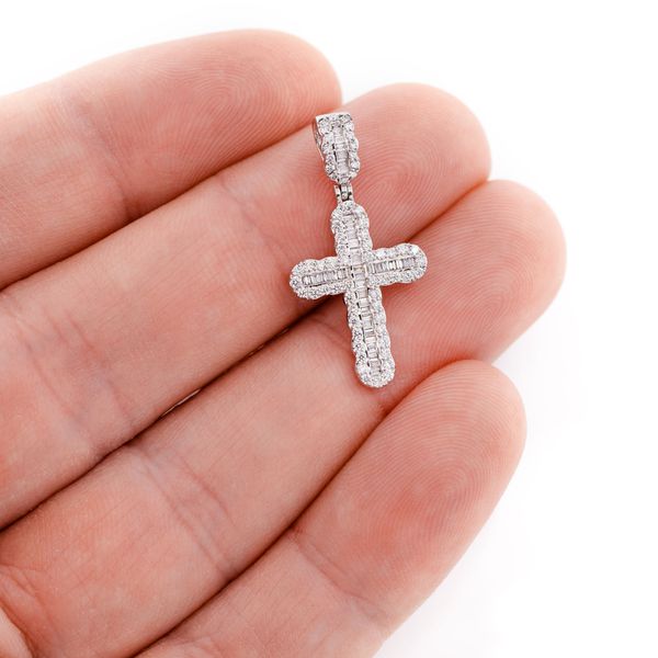 Round And Baguette Diamond Cross Pendant 14k Solid Gold 0.66ctw