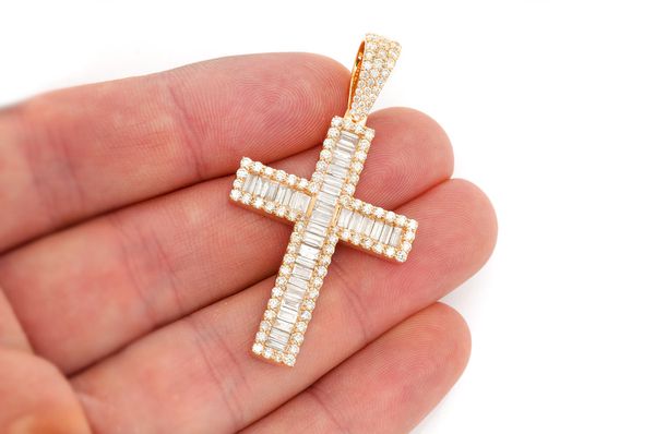 Baguette Cross Diamond Pendant 14k Solid Gold 4.00ctw