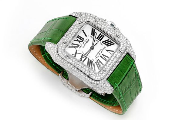 Cartier Santos De Cartier 40MM - Fully Iced Out - Green Leather Band