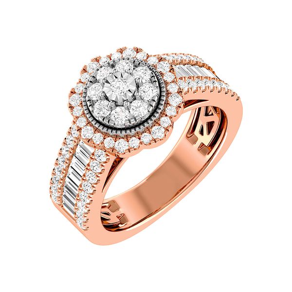 Floral Round And Baguette Diamond Engagement Ring 1.00ctw 14k Solid Gold - All Natural