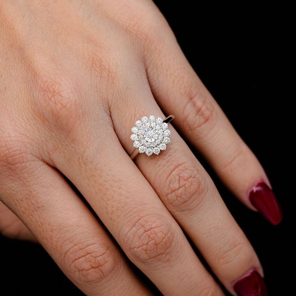 0.65ctw Double Halo Cluster Flower Diamond Engagement Ring 14k Solid Gold - All Natural 