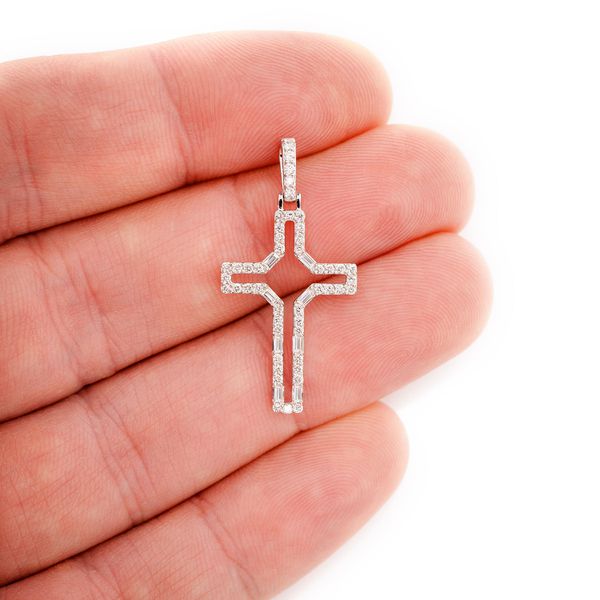 Open Round And Baguette Diamond Cross Pendant 14k Solid Gold 0.50ctw