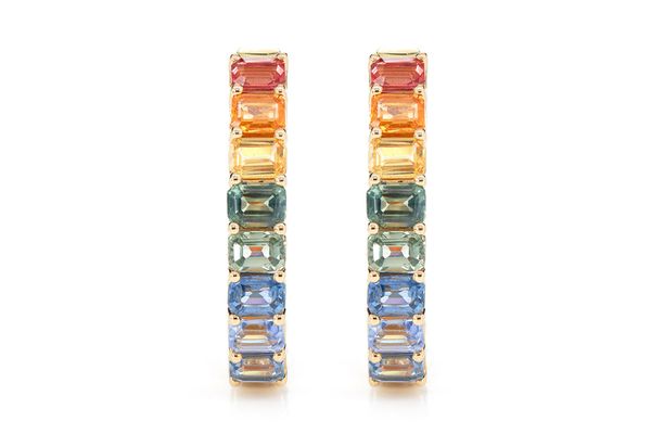 Rainbow Colored Sapphire Inside Outside Hoop Earrings 14k Solid Gold 7.10ctw