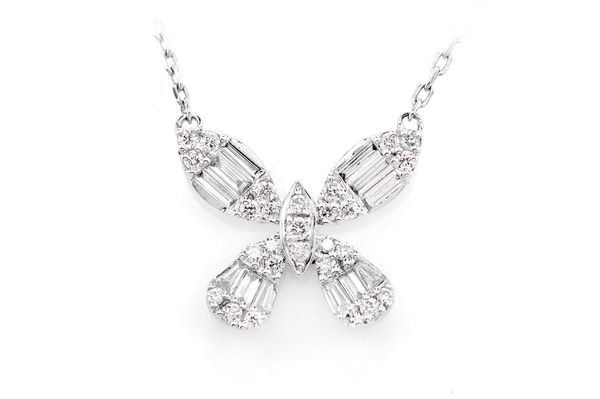 Baguette And Round Butterfly Diamond Pendant Attached Necklace 14k Solid Gold 0.35ctw