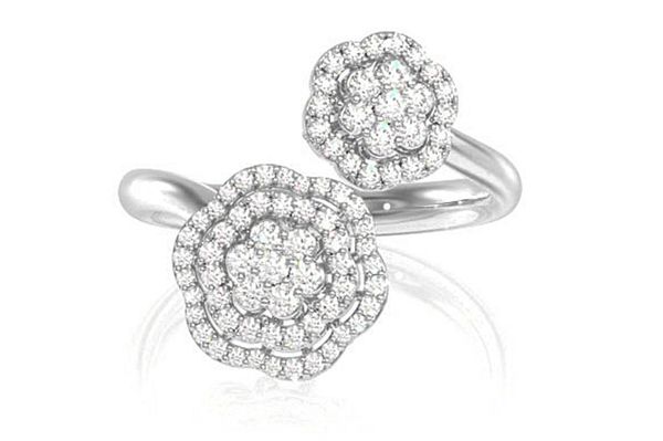 Floral Double Halo Diamond Bypass Ring 14k Solid Gold 0.35ctw