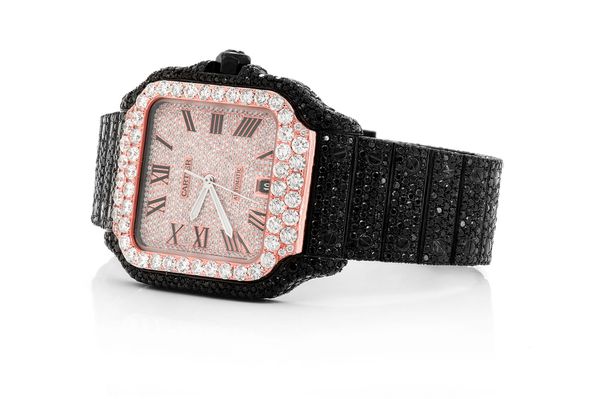 Icebox Cartier Santos De Cartier 40MM 4072 20.00ctw Fully Iced Out Black White Diamonds