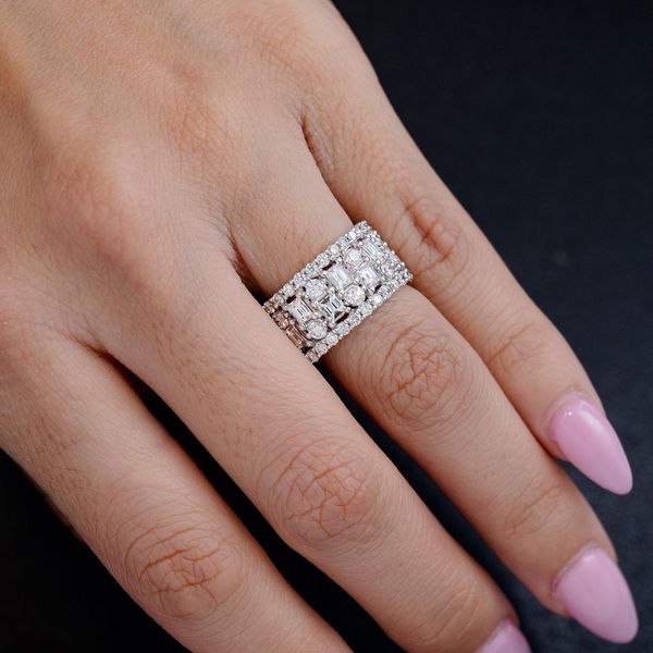 Baguette And Round Pattern Border Diamond Band Ring 14k Solid 2.20ctw