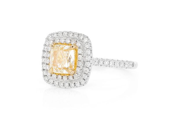 2.00ct Cushion Fancy Yellow Diamond Double Halo Diamond Ring 14k Solid Gold 