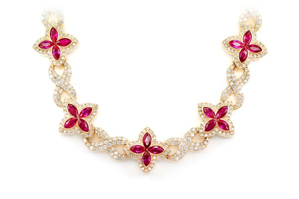 Ruby Diamond Marquise Flower Infinity Link Necklace Solid Gold 33.75ctw 