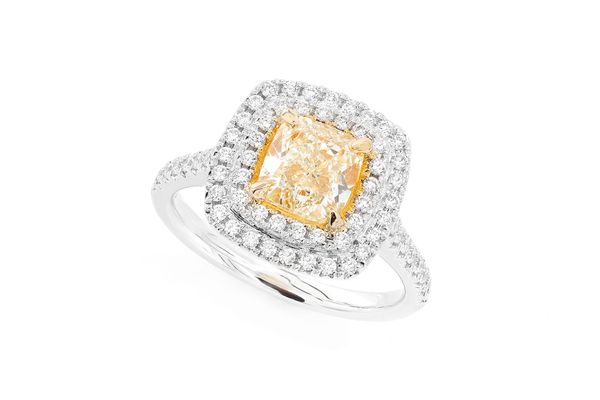 2.00ct Cushion Fancy Yellow Diamond Double Halo Diamond Ring 14k Solid Gold 