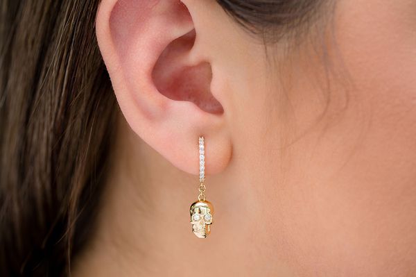 Skull Hoop Dangling Diamond Earrings 14k Solid Gold 0.30ctw