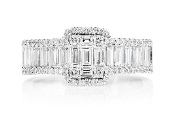 1.55ctw Baguette Raised Cluster Three Row Diamond Engagement Ring 14k Solid Gold - All Natural