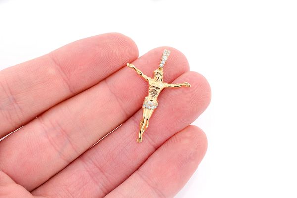 Crucifix Half Diamond Pendant 14k Solid Gold 0.10ctw