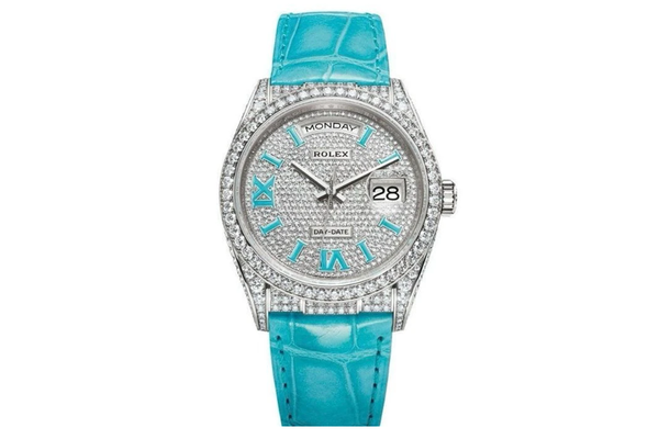 Rolex - Day Date 36 Diamonds - 128159rbr - White Gold & Turquoise Leather