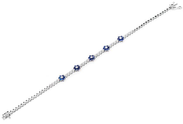 Diamond And Sapphire Five Flower Tennis Bracelet 14k Solid Gold 0.50ctw