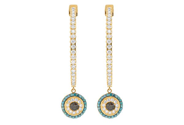 Evil Eye Round Dangling Diamond Hoop Earrings 14k Solid Gold 2.20ctw