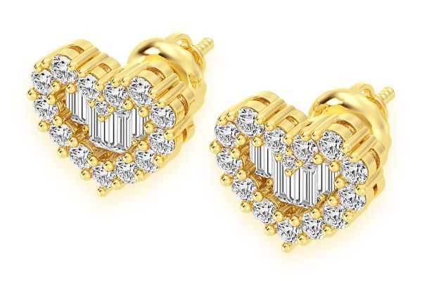 Heart Baguette Stud Earrings Solid Gold 14k .80ctw 