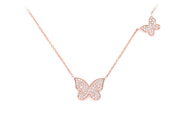 Double Butterfly Diamond Necklace 14k Solid Gold 0.37ctw