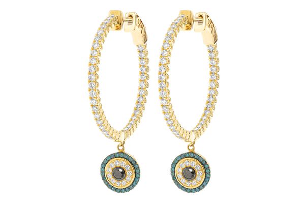 Evil Eye Round Dangling Diamond Hoop Earrings 14k Solid Gold 2.20ctw