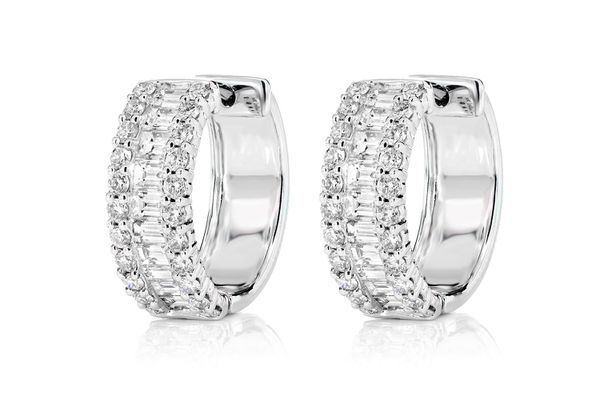 Baguette And Round Border Diamond Hoop Earrings 14k Solid Gold 