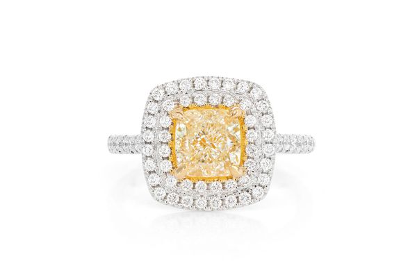 2.00ct Cushion Fancy Yellow Diamond Double Halo Diamond Ring 14k Solid Gold 