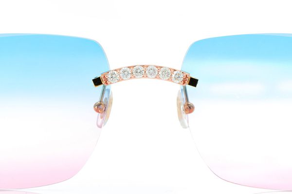 Cartier Glasses Iced Out Diamonds Rimless - Blue Pink Fade Lens - 3.00ctw - Rose Gold