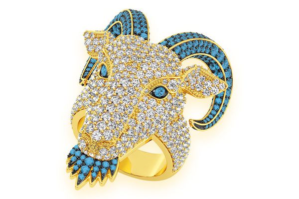 Goat Head Blue & White Diamond Ring 14k Solid Gold 7.75ctw