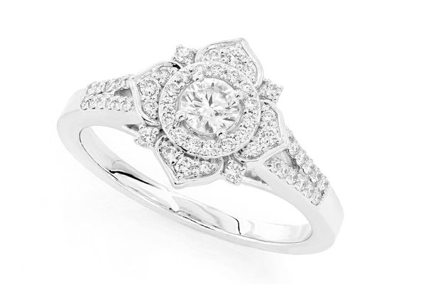 0.50ctw Deco Floral Diamond Engagement Ring- 14k Solid Gold - All Natural