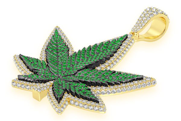 Cannabis Leaf Emerald & Diamond Pendant 14k Solid Gold 7.75ctw