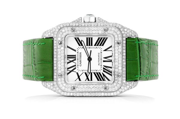 Icebox Cartier Santos De Cartier 40MM Fully Iced Out Green Leather Band