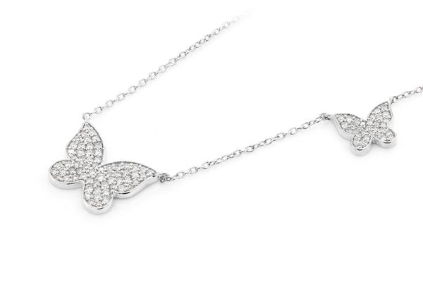 Double Butterfly Diamond Necklace 14k Solid Gold 0.37ctw