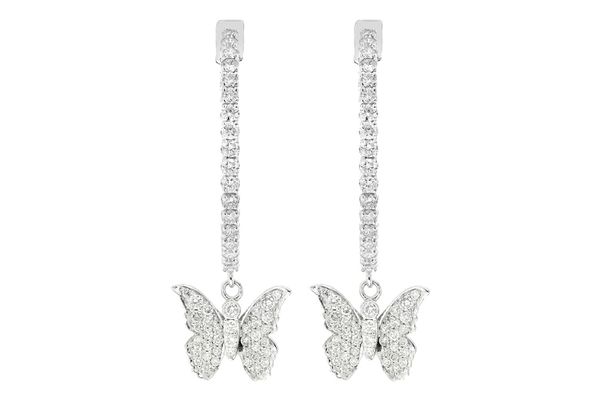 Butterfly Dangling Diamond Hoop Earrings 14k Solid Gold 1.75ctw