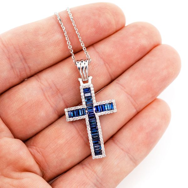 Sapphire Cross With Diamond Halo Pendant Necklace Attached 14k Solid Gold 2.90ctw