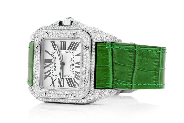 Cartier Santos De Cartier 40MM - Fully Iced Out - Green Leather Band