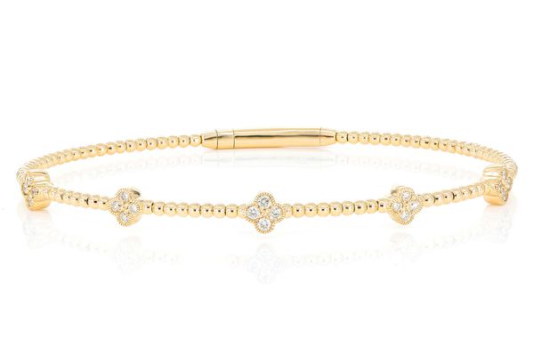 Beaded And Diamond Clover Milgrain Flex Bangle Bracelet 0.33ctw 14k Solid Gold 