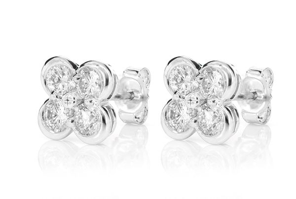 Diamond Clover Stud Earrings 14k Solid Gold 0.95ctw