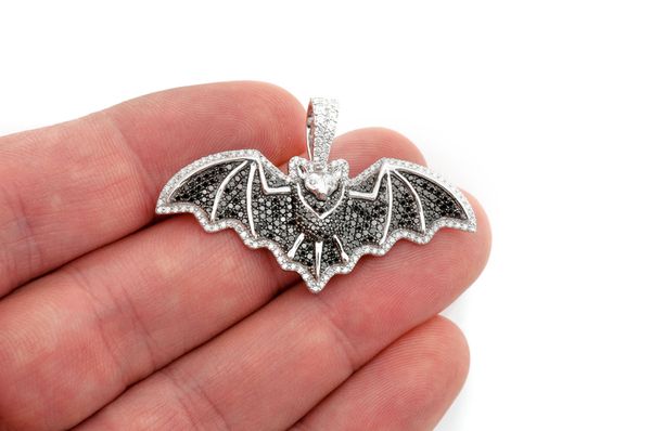 Fruit Bat Black & White Diamond Pendant 14k Solid Gold 1.75ctw