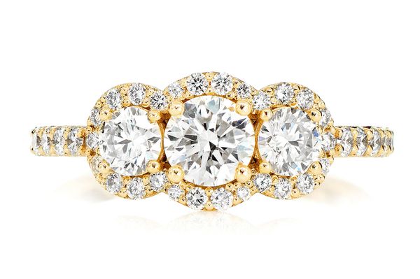 3 Stone Halo Diamond Engagement Ring 1.50ctw- 14k Solid Gold- All Natural