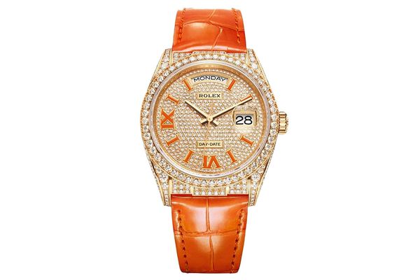 Icebox Rolex Day Date 36 128158rbr Yellow Gold Orange Leather Full Factory Diamonds