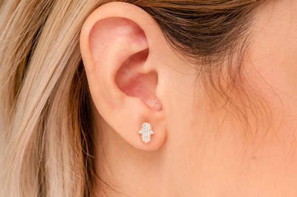 Hamsa Stud Diamond Earrings 14k Solid Gold 0.15ctw