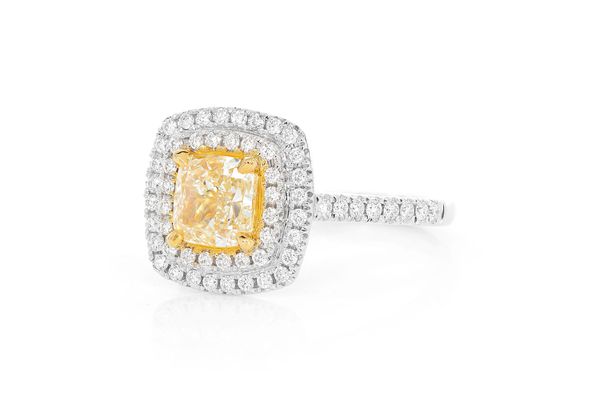 2.00ct Cushion Fancy Yellow Diamond Double Halo Diamond Ring 14k Solid Gold