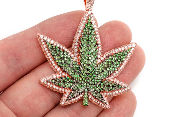 Cannabis Leaf Emerald & Diamond Pendant 14k Solid Gold 7.75ctw