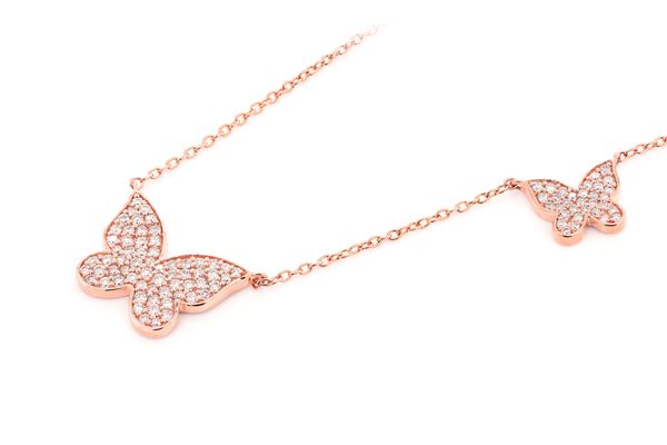 Double Butterfly Diamond Necklace 14k Solid Gold 0.37ctw